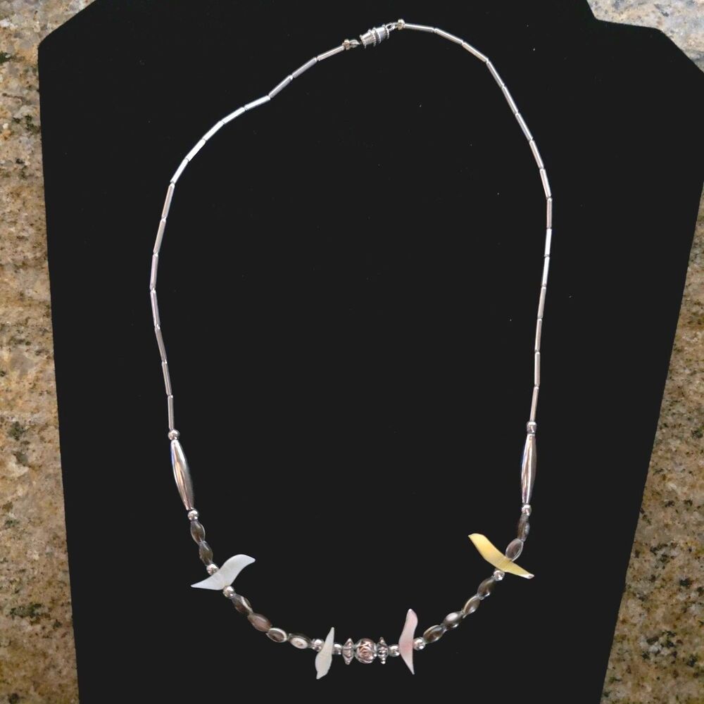 Vintage Native MOP Fetish Bird Liquid Sterling Silver Necklace 17"